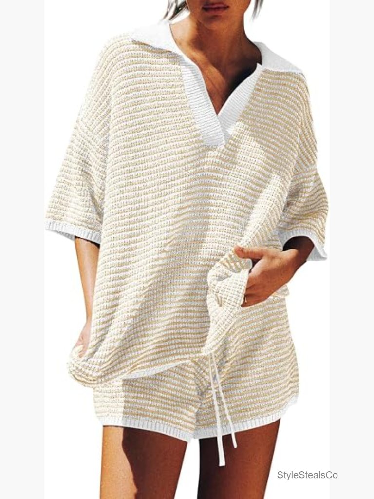 Oversized 2 Piece Lounge Set V Neck Knit Top & High Waisted Shorts